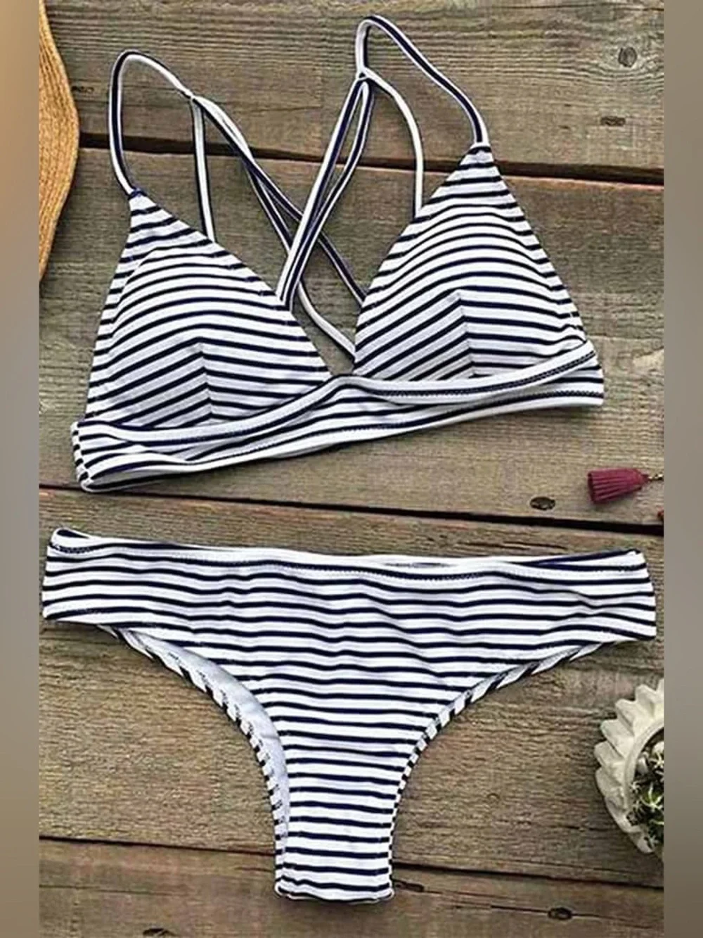 Cupshe| ‘Hit Summer’ Low Rise Navy Striped Bikini